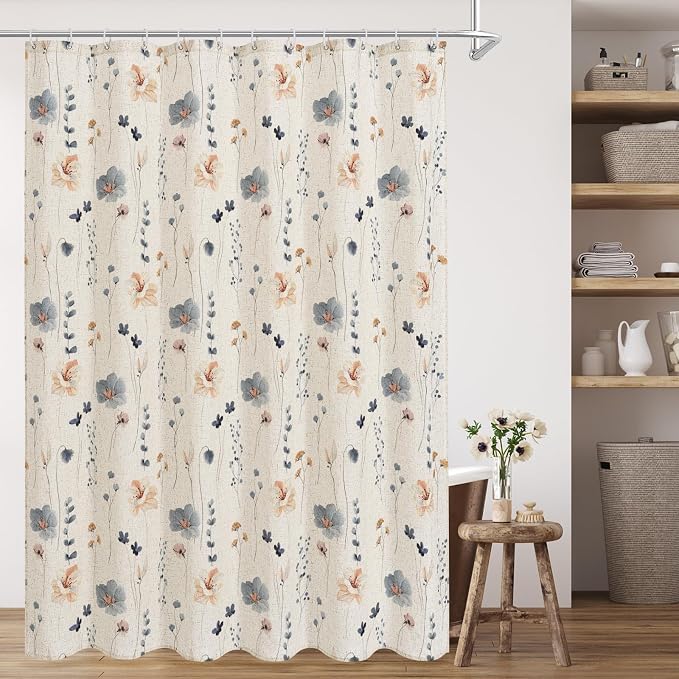 Blue Linen Watercolor Floral Fabric Shower Curtain, 72x72 | Linen Fabric, Modern Minimalist Floral Print, Machine Washable, Rustproof Grommets, for Bathroom Home