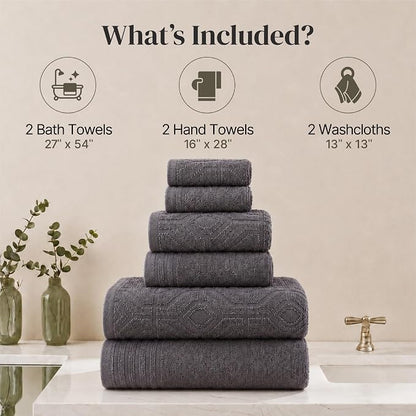 Modern Threads 6 Piece Cotton Bath Towel Set – Ultra Soft 550 GSM Towels – Bathroom Set with Hand Towels and Washcloths – Geometric (Charcoal)