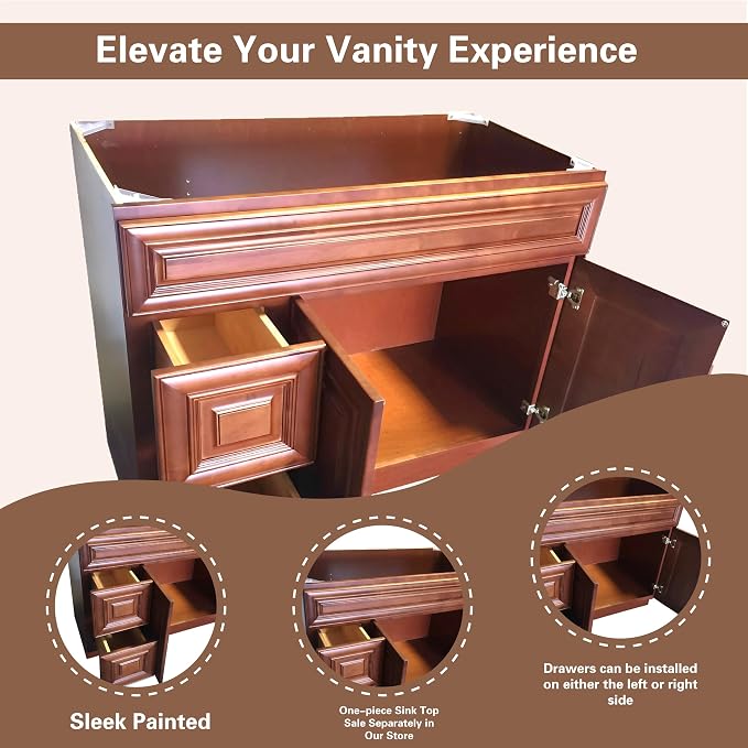 36" Maple Walnut Bathroom Vanity Base – Ready-to-Assemble Sink Cabinet with Drawers, Freestanding Bathroom Vanity Base Only, No Top or Sink