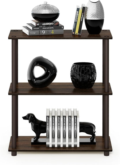 Furinno TURN-N-TUBE Storage Shelves, 3-Tier Book Shelf, Corner Shelf, Toolless Open Shelves, for Organization and Storage, Living Room, Garage, Home Office, Walnut