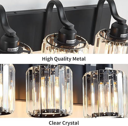 Crystal Vanity Light Black 5 Lights Modern Bathroom Vanity Lighting Fixtures with Crystal Round Shade Over Mirror (Exclude Bulb)