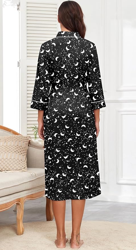 PrinStory Robes for Women 3/4 Sleeve Long Bath Robe XS-4XL | V-Neck Knit Bathrobe with Pockets, Lightweight, Soft, Breathable Robes for Shower, Spa, Travel, Home, Party, Nursing