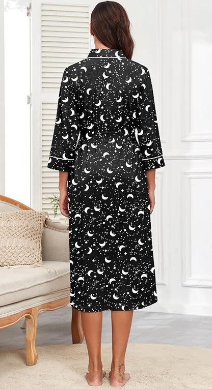 PrinStory Robes for Women 3/4 Sleeve Long Bath Robe XS-4XL | V-Neck Knit Bathrobe with Pockets, Lightweight, Soft, Breathable Robes for Shower, Spa, Travel, Home, Party, Nursing