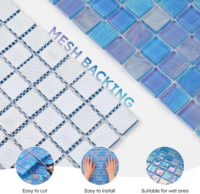 Pool Glass Mosaic Tiles, Iridescent Blue, 1 Inch Sqaure, 5 Sheets | Glass Tile for Swimming Pool, Kitchen Backsplash, Shower, Bathroom Wall, Waterline, Fountain