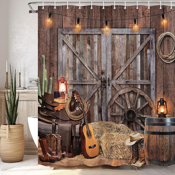 Western Cowboy Shower Curtain with Rustic Barn Door, Farmhouse Country Cactus Shower Curtains for Bathroom, Farm Wooden Vintage Fabric Bathtub Decor Accessories with Hooks, 70X70IN