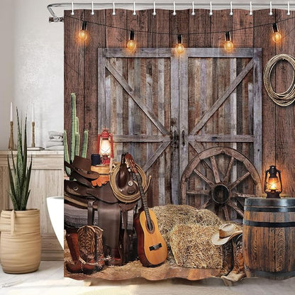 Western Cowboy Shower Curtain with Rustic Barn Door, Farmhouse Country Cactus Shower Curtains for Bathroom, Farm Wooden Vintage Fabric Bathtub Decor Accessories with Hooks, 70X70IN