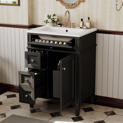 Merax 24 Inch Bathroom Vanity with Ceramic Sink, Solid Wood Frame Modern Bathroom Sink Storage Cabinet with 2 Drawers and a Tip-Out Drawer, Single Sink Bathroom Vanities, Black