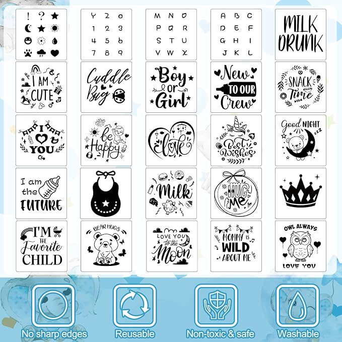 Panitay 126 Pcs Baby Shower DIY Bodysuit Set Bib 25 Blank White Newborn Bodysuit 25 Stencils 24 Marker 1 Sign 50 Pins(Blue Elephant)