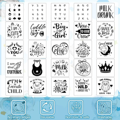 Panitay 126 Pcs Baby Shower DIY Bodysuit Set Bib 25 Blank White Newborn Bodysuit 25 Stencils 24 Marker 1 Sign 50 Pins(Blue Elephant)