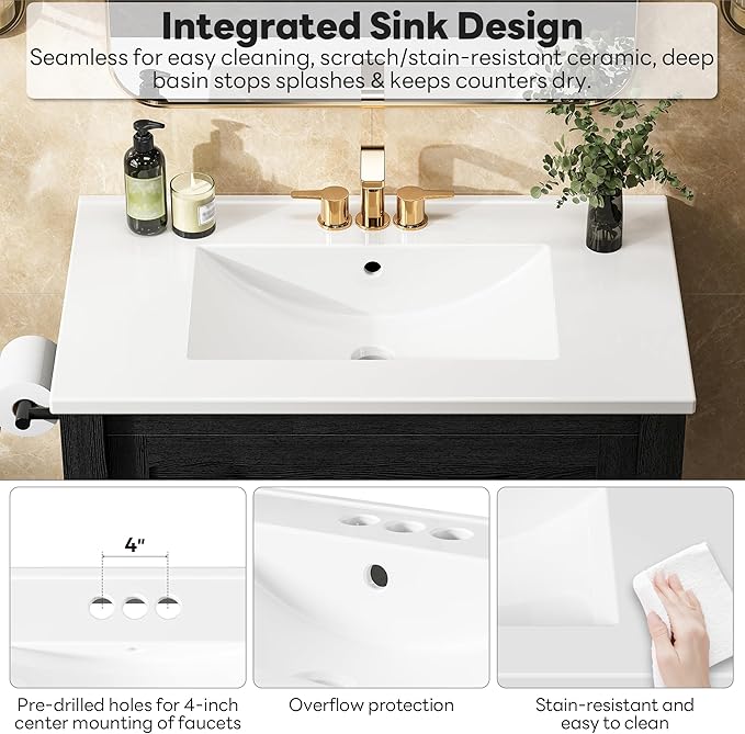 LIKIMIO 30 Inch Bathroom Vanity with Sink, Towel Holder & Adjustable Solid Wood Legs for Uneven Floor, Modern Bathroom Storage Cabinet with Tip-Out Drawer, 2 Drawers & Adjustable Shelf, Black
