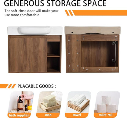 28" Wall-Mounted Bathroom Vanity with Ceramic Sink, 28 Inch Floating Single Sink Vanity Cabinet Modern Brown 1-Door Design with Storage Shelf (Space-Saving for Small Bathrooms)