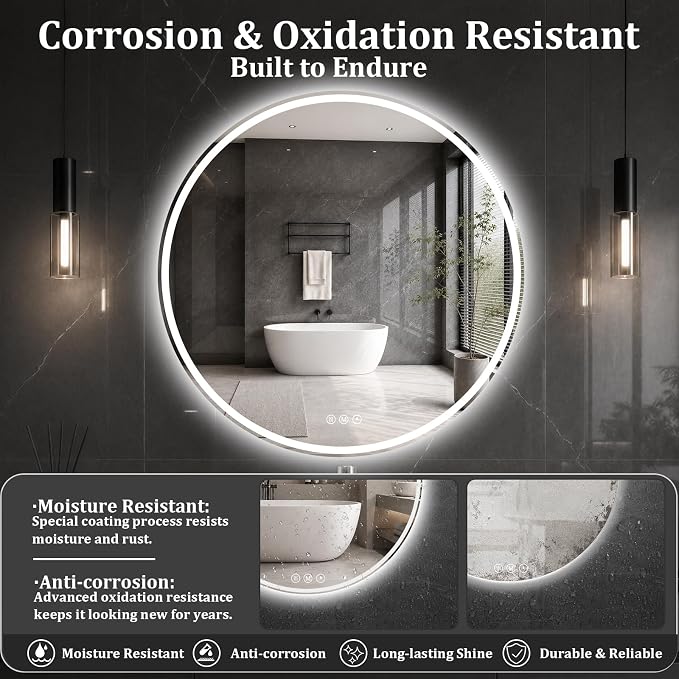 Round LED Bathroom Mirror, 36 Inch, HD Shatterproof Tempered Glass | Lighted Bathroom Mirror with Dimmable Lights Bathroom Mirror with Lights for Wall, 3 Color Temperatures