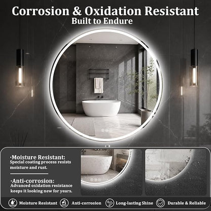 Round LED Bathroom Mirror, 36 Inch, HD Shatterproof Tempered Glass | Lighted Bathroom Mirror with Dimmable Lights Bathroom Mirror with Lights for Wall, 3 Color Temperatures