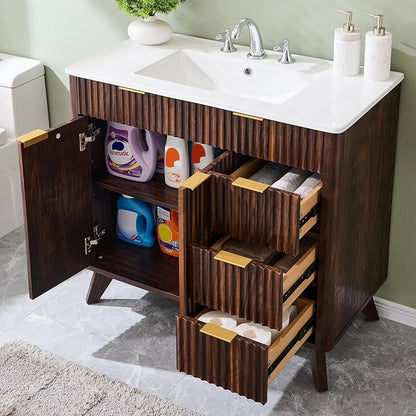 T4TREAM 36" Fluted Bathroom Vanity with Ceramic Sink Combo, Dark Walnut | Freestanding Modern Bathroom Storage Vanity Cabinet with 2 Soft Closing Doors & 3 Drawers, Wood Grain Texture, Metal Handle