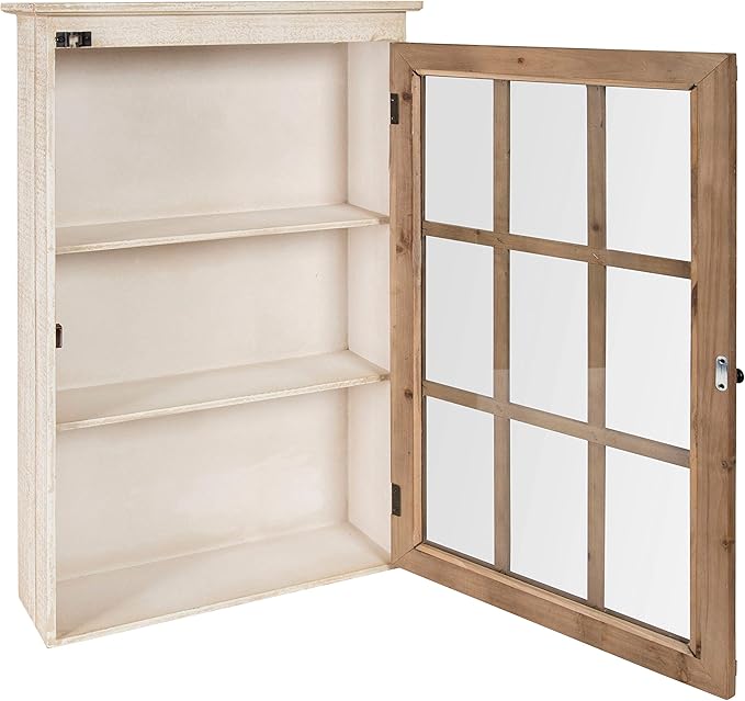 Kate and Laurel Hutchins Decorative Farmhouse Wood Wall Storage Cabinet with Window Pane Glass Door, Rustic and White