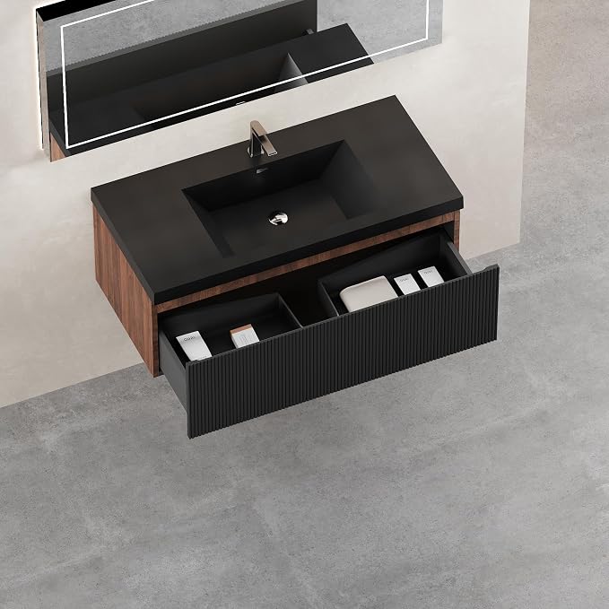 42 Inch Floating Bathroom Vanity with Sink, Modern Wall-Mounted Storage Cabinet with Wave Texture Drawers, Soft-Close & Black Quartz Sand Basin, Smoked Walnut,Fully Pre-Assembled