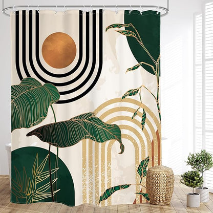 Glawry Green Boho Mid Century Shower Curtain Extra Long Abstract Retro Tropical Palm Tree Plant Sun Arch Minimalist Bathroom Modern 72Wx96L Inches Bath Accessories Art Home Decor Fabric 12 Pack Hooks