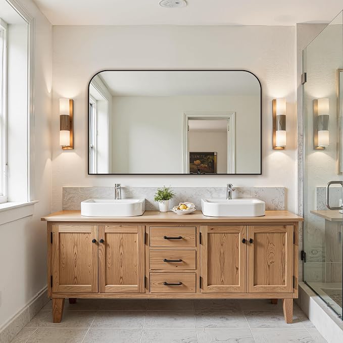 30"x50" Black Metal Framed Bathroom Mirror for Over Sink | Rounded rectangle shape. Shatterproof HD glass, all mounting hardware for bathroom, bedroom, entryway.