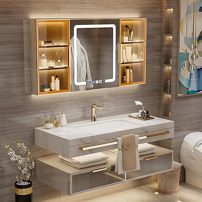 Bathroom Vanity with Sink - Single/Double Sink Bathroom Vanity & LED Fog Removal Mirror Cabinet, Modern Design, Wall-Mounted Floating Vanity (Single Sink, 32")