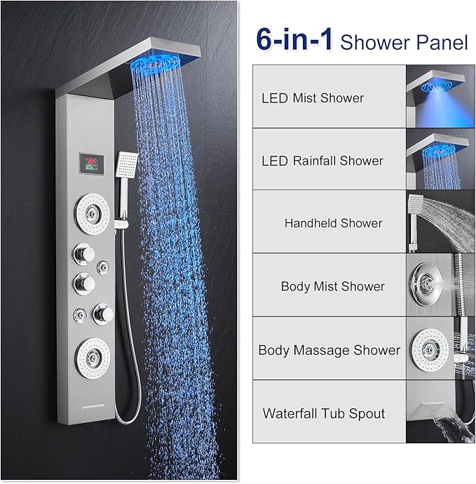 ROVATE LED Shower Panel Tower System with Rainfall and Mist Shower Head, 6-in-1 Shower Panels with Jets and Handheld and Digital Temperature Display, Shower Tower High Pressure with Tub Spout