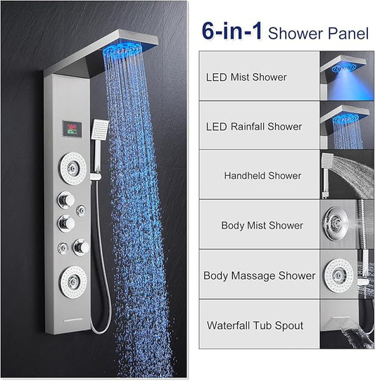 ROVATE LED Shower Panel Tower System with Rainfall and Mist Shower Head, 6-in-1 Shower Panels with Jets and Handheld and Digital Temperature Display, Shower Tower High Pressure with Tub Spout