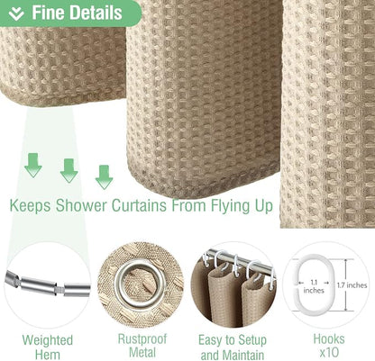 Stall Waffle Shower Curtain 256 GSM Heavy Fabric 60x72 Beige/Khaki | 60 Inch Wide, Thick Cloth, Weighted Hem, Water Repellent, Hotel Luxury Polyester Shower Curtain Set for Bathroom 10 Hooks
