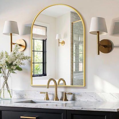 FGU Arched Bathroom Mirror for Over Sink 30"x20" Gold Vanity Mirror | Wall Mounted, HD Tempered Shatter-Proof Glass, Rust-proof Arched Metal Frame, Arch Mirror for Bedroom, Living Room, Entryway