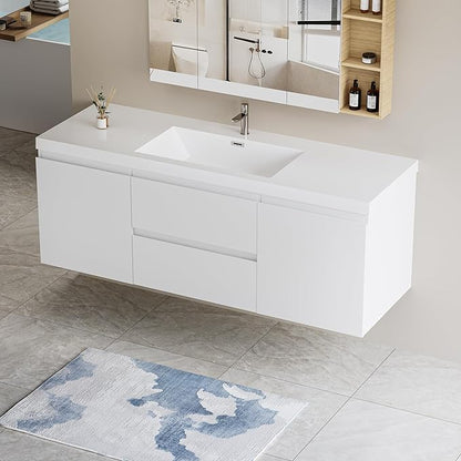 60 Inch Floating Bathroom Vanity with Single Sink, Modern Wall-Mounted Bathroom Vanity Storage Cabinet Organizer with 2 Soft Closing Doors & Drawers (White)