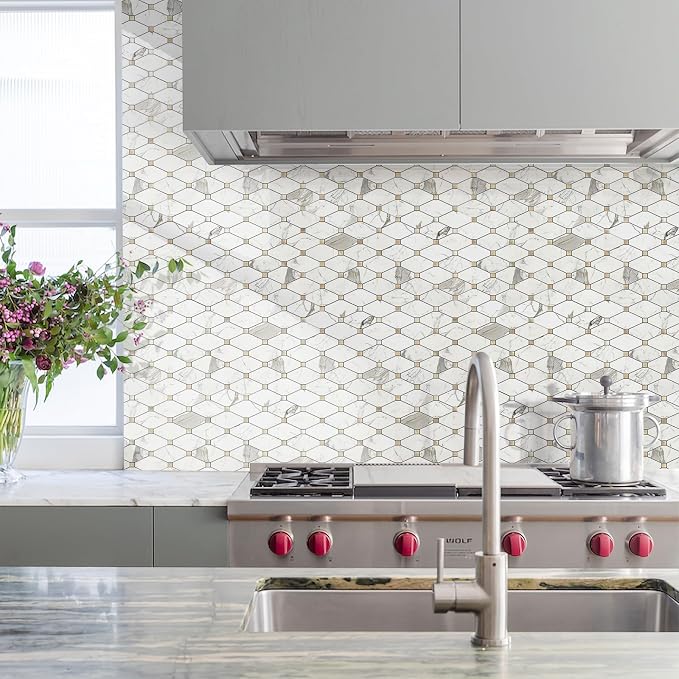 STICKGOO 10 Sheets Peel and Stick Backsplash, Polished Carrara White | PVC Mixed Metal Gold, Waterproof, Self Adhesive Tiles for Kitchen Wall, Bathroom, RV
