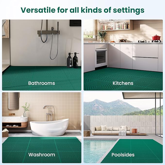 12-Pcs Interlocking Tile, Indoor/Outdoor Drainage Interlocking Floor Tiles 11.8" x 11.8", Anti-Slip Waterproof Soft PVC Splicing Flooring Tile for Garage Patio Pool Bathroom, Green