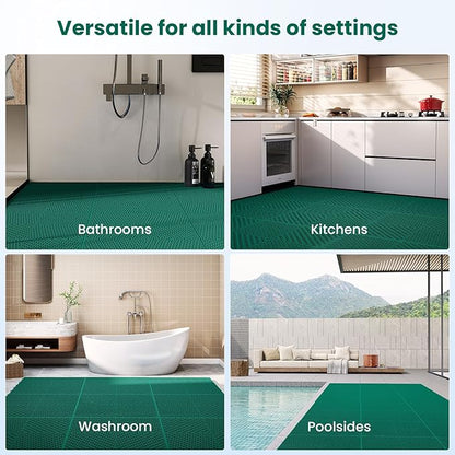 12-Pcs Interlocking Tile, Indoor/Outdoor Drainage Interlocking Floor Tiles 11.8" x 11.8", Anti-Slip Waterproof Soft PVC Splicing Flooring Tile for Garage Patio Pool Bathroom, Green