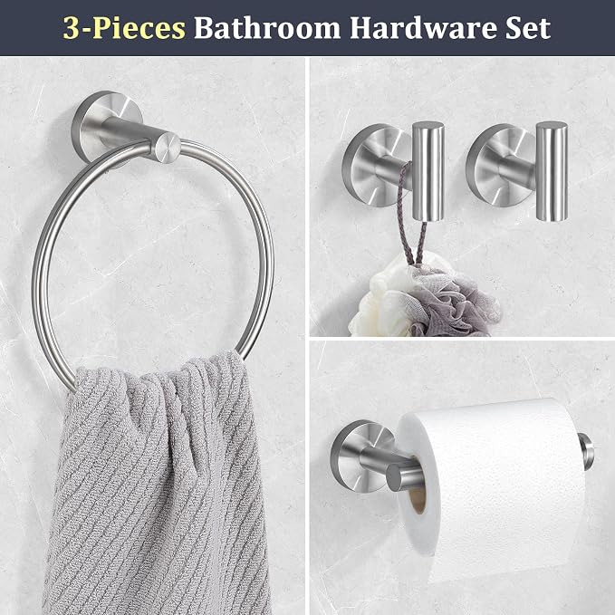 TURS Brushed Steel Towel Ring Toilet Paper Holder Towel Hooks 4-Pieces Bathroom Towel Holder Set SUS304 Stainless Steel Bathroom Accessories Kit Wall Mounted