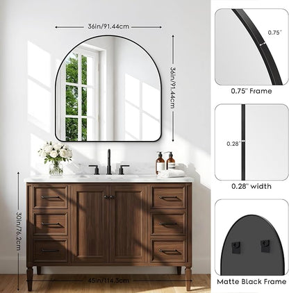 BONEWEI Arched Wall Mirror,36x36 inch Black Arched Mirror Bathroom,Large Vanity Mirror for Over Sink Metal Frame,Tempered Glass Arch Mirrors for Bedroom,Entryway,Living Room,Home Decor Shatter-Proof