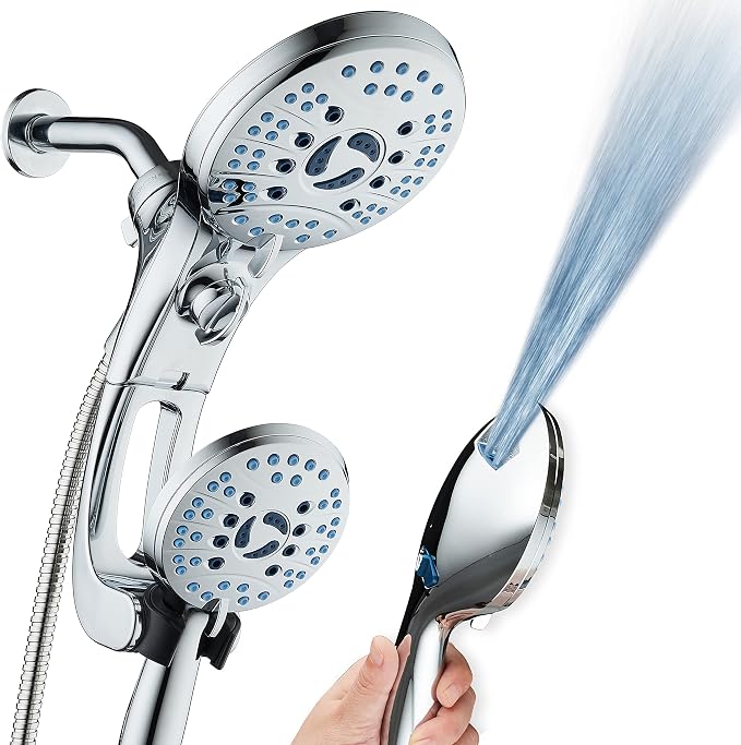 AquaCare 50-mode High Pressure Shower Head Combo with Arm & Dual Power Wash | Hygienic Jets, 2-mode Handheld Power Wash for Tub, Tile & Pets, Long 6 ft. Stainless Steel Hose, Extra Wall Bracket / Chrome