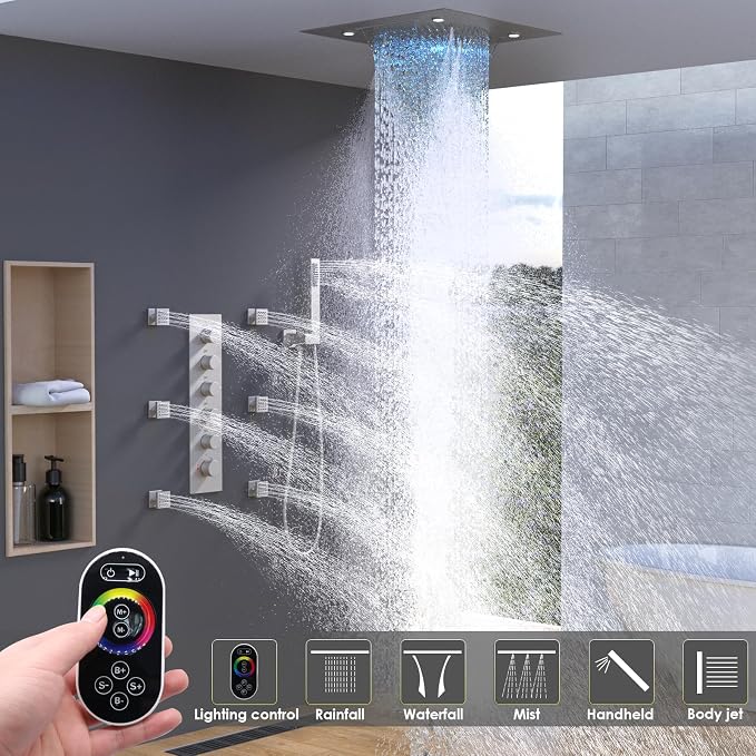 Enga Shower System With Spa Body Jets, 20 Inch LED Waterfall Atomizing Horizontal Square Ceiling Shower Head with Remote Control, Thermostatic Shower Faucet Set Flow Can Be Controlled Brushed Nickel