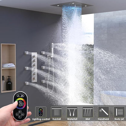 Enga Shower System With Spa Body Jets, 20 Inch LED Waterfall Atomizing Horizontal Square Ceiling Shower Head with Remote Control, Thermostatic Shower Faucet Set Flow Can Be Controlled Brushed Nickel