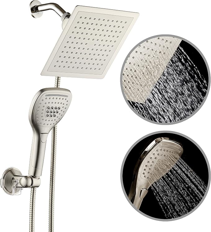 DreamSpa Ultra-Luxury 9-inch Square Rainfall & Handheld Shower Head Combo | Enjoy Extra-wide Flow Coverage and Convenient Push-button Hand Shower Mode Control. Premium Stainless Steel Hose / Nickel