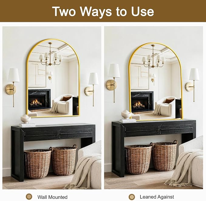FGU Arched Bathroom Mirror for Over Sink 40"x28" Gold Vanity Mirror | Wall Mounted, HD Tempered Shatter-Proof Glass, Rust-proof Arched Metal Frame, Arch Mirror for Bedroom, Living Room, Entryway