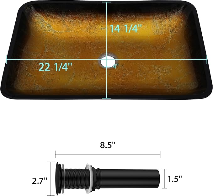 Logmey 22" Glass Bathroom Vessel Sink Vanity Countertop Rectangular Bowl with Black Pop up Drain Set,Glass Art Basin,Yellow Gradient