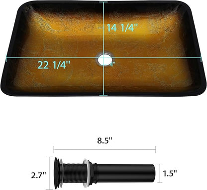 Logmey 22" Glass Bathroom Vessel Sink Vanity Countertop Rectangular Bowl with Black Pop up Drain Set,Glass Art Basin,Yellow Gradient