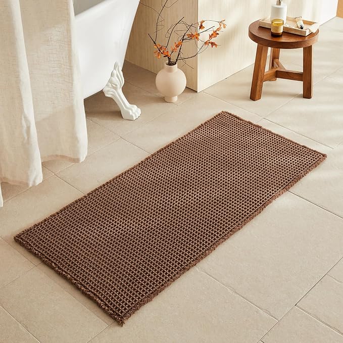 TYUU Waffle Bath Mat, Boho Bathroom Rugs Non Slip, 48x24 Mocha | Super Absorbent Quick Dry Bath Rug, Non-Slip Backing, Soft Waffle Washable Farmhouse Bathroom Mats, Tub, Shower & Home Decor