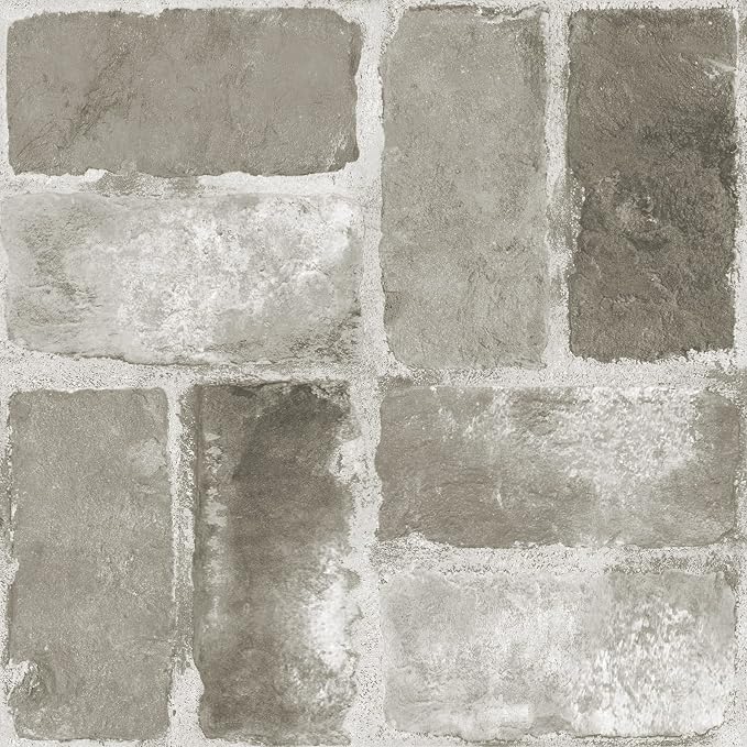 FloorPops Harvard Brick Grey Peel and Stick Floor Tiles, Farmhouse Vinyl Floor Tiles, Water Resistant, 12 in x 12 in, Pack of 10