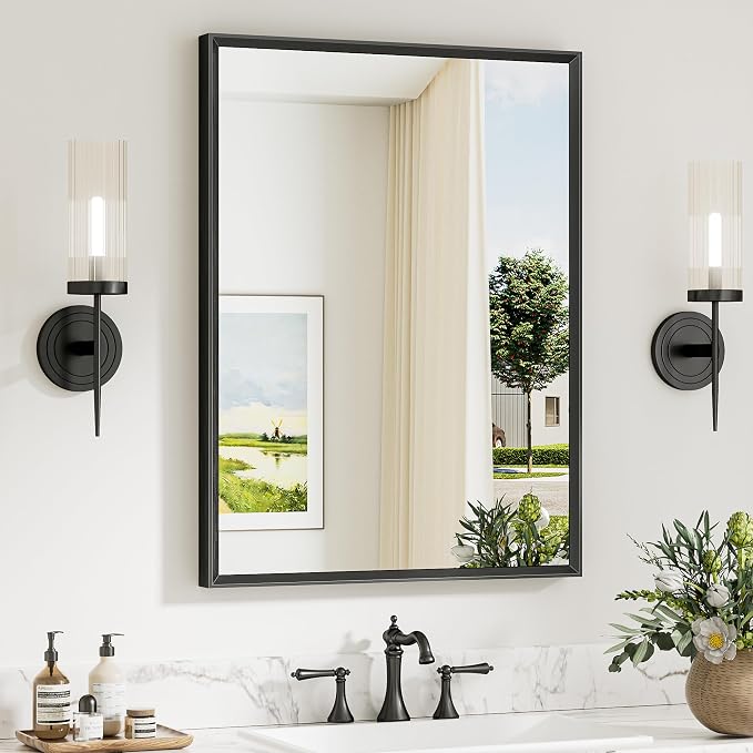 Keonjinn 24 x 32 Inch Matte Black Bathroom Mirror, Aluminum Metal Frame | Rectangular Mirror for Wall, Black Bathroom Vanity Mirror for Over Sink, HD Tempered Glass, Square Corner, Farmhouse Style