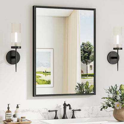 Keonjinn 24 x 32 Inch Matte Black Bathroom Mirror, Aluminum Metal Frame | Rectangular Mirror for Wall, Black Bathroom Vanity Mirror for Over Sink, HD Tempered Glass, Square Corner, Farmhouse Style