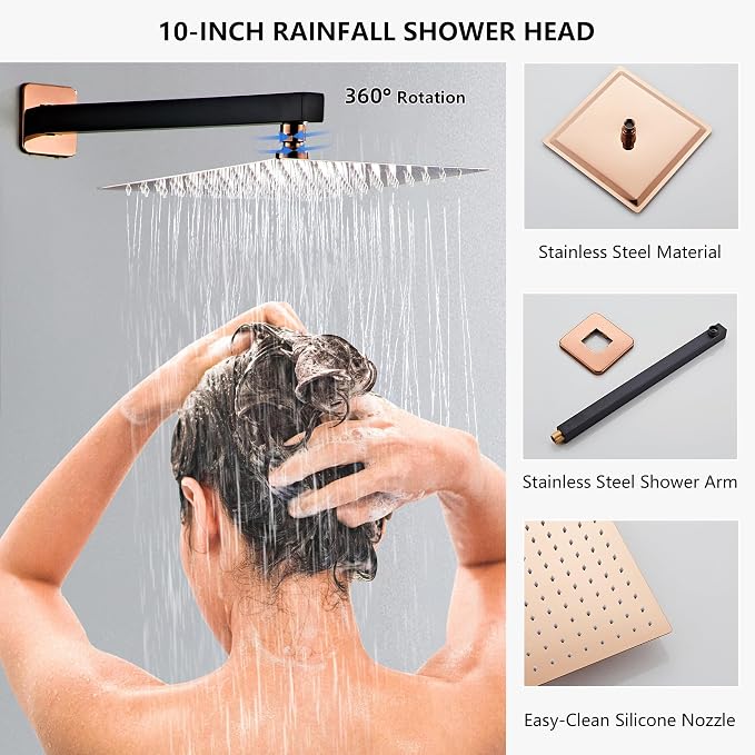 Shower Faucet Set, Matte Black and Rose Gold Rainfall Shower System Complete Wall Mounted for Bathroom with 10 Inch Square Shower Head and Handheld Shower Head Rain Mixer Combo Set