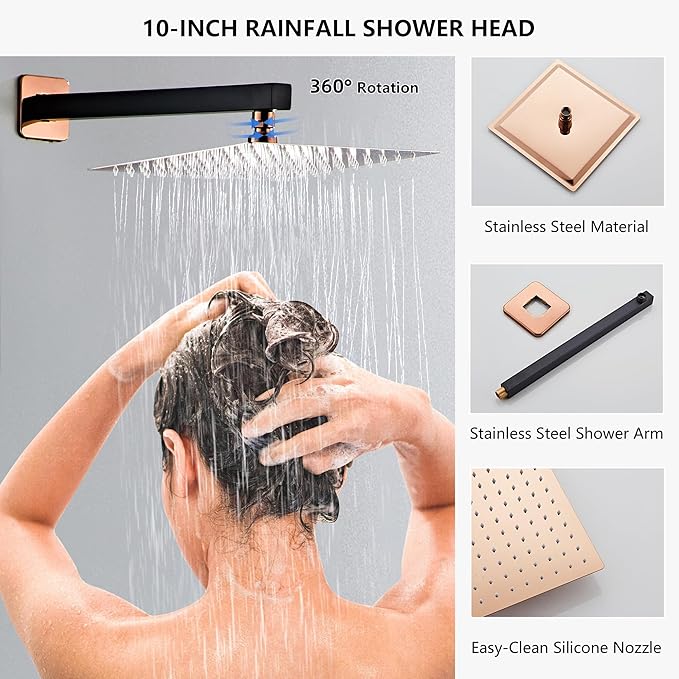 Rainfall Shower Faucet Set with Tub Spout 10 Inch, Shower Head and Handle with 2 Hooks, Rain Shower and Handheld Shower System Square Wall Mount for Bathroom