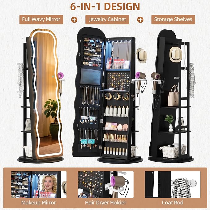 Vlsrka LED Mirror Jewelry Cabinet Standing, 360° Swivel, Black | Lockable Jewelry Armoire with Mirror, Interior LED Makeup Mirror, Foldable Shelf, Large Capacity, Gift for Women, Girls