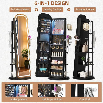 Vlsrka LED Mirror Jewelry Cabinet Standing, 360° Swivel, Black | Lockable Jewelry Armoire with Mirror, Interior LED Makeup Mirror, Foldable Shelf, Large Capacity, Gift for Women, Girls