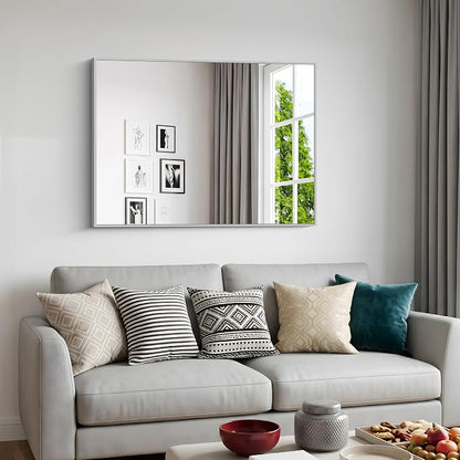 BONEWEI Silver Bathroom Mirror,30x42 inch Wall Mirror for Bathroom Wall Mounted,Rectangle Mirror for Bathroom Over Sink,Modern Metal Frame for Living Room,Bedroom Entryway,Horizontal/Vertical