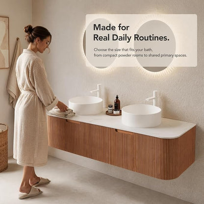 60 Inch Double Sink Bathroom Vanity, Floating Wall Mounted Cabinet, Natural Woodgrain Curved Fluted Front, Stone Top, Dual Pure White Round Vessel Basins, Pre-Assembled